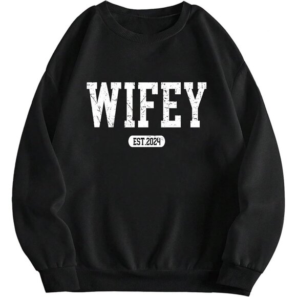 ⚡Women Black Wifey Imported Graphic Crewneck Long Sleeve Pullover Sweatshirt - Picture 1 of 5